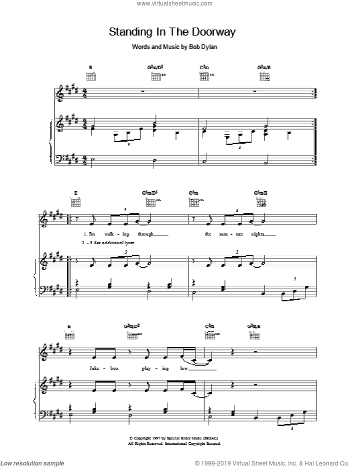 Standing In The Doorway sheet music for voice, piano or guitar by Bob Dylan, intermediate skill level