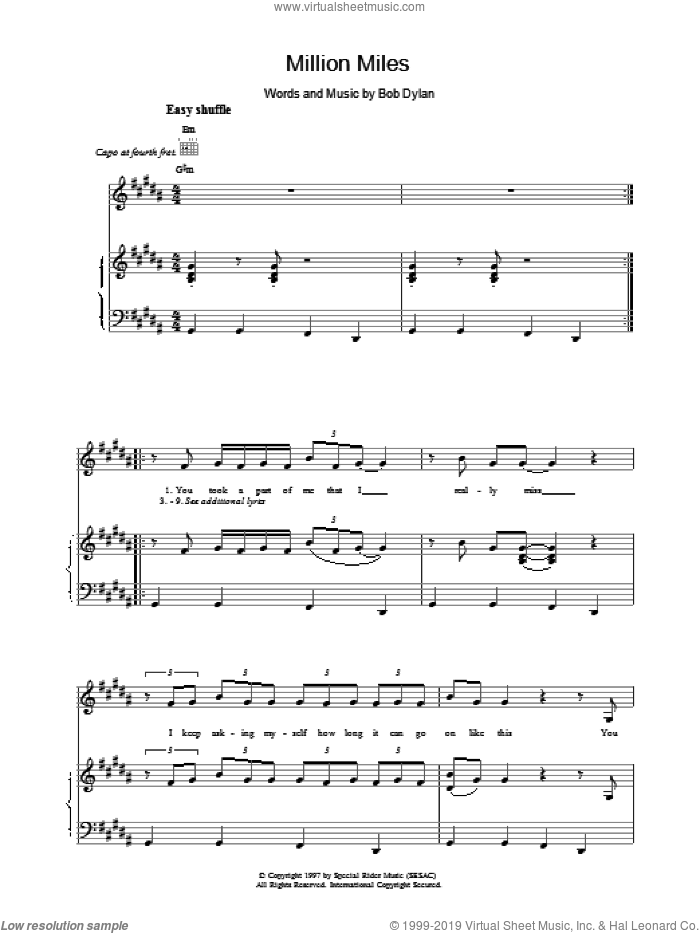 Million Miles sheet music for voice, piano or guitar by Bob Dylan, intermediate skill level