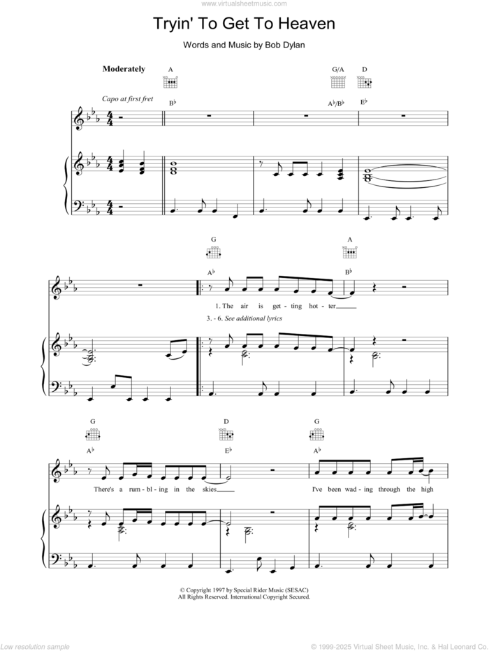 Tryin'To Get To Heaven sheet music for voice, piano or guitar by Bob Dylan, intermediate skill level