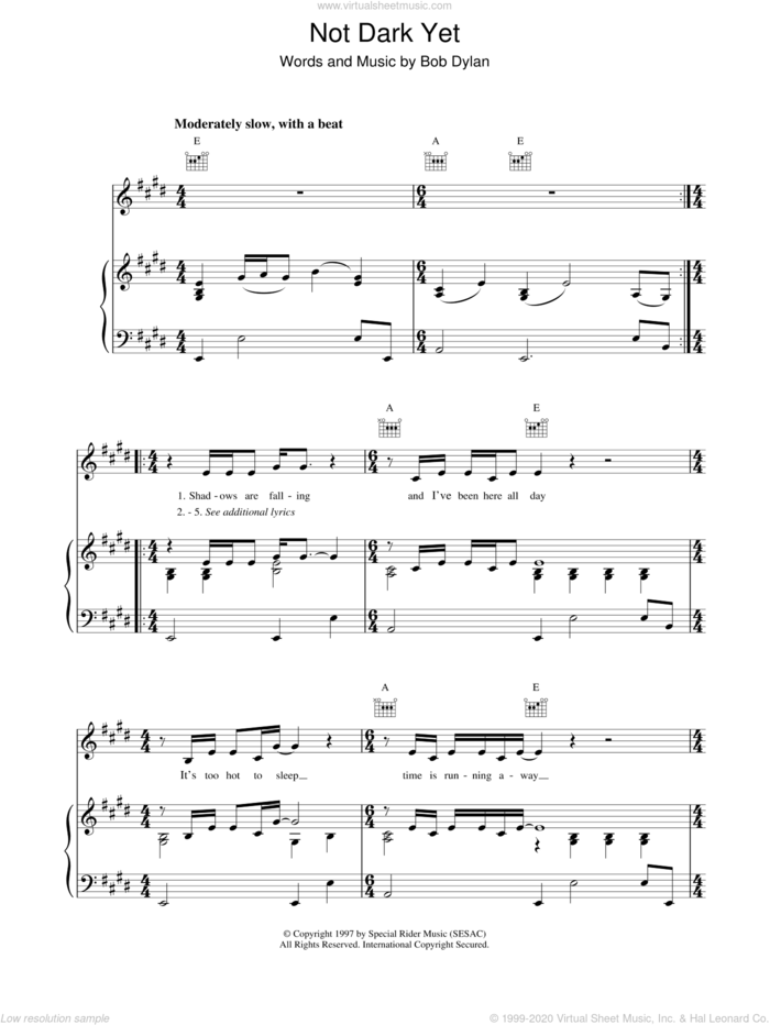 Not Dark Yet sheet music for voice, piano or guitar by Bob Dylan, intermediate skill level