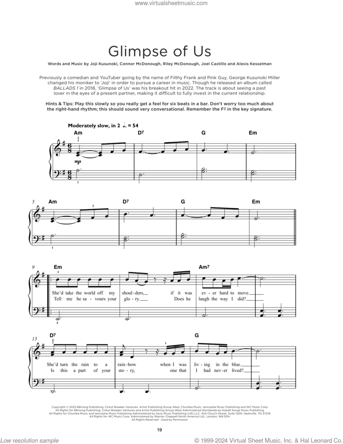 Glimpse Of Us, (beginner) sheet music for piano solo by Joji, Alexis Kesselman, Connor McDonough, Joel Castillo, Joji Kusunoki and Riley McDonough, beginner skill level