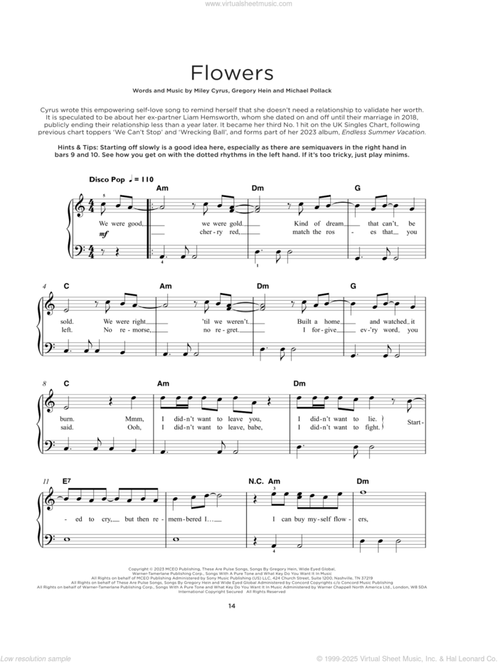 Flowers sheet music for piano solo by Miley Cyrus, Gregory Hein and Michael Pollack, beginner skill level