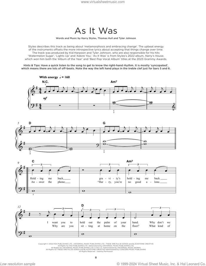 As It Was, (beginner) sheet music for piano solo by Harry Styles, Tom Hull and Tyler Johnson, beginner skill level