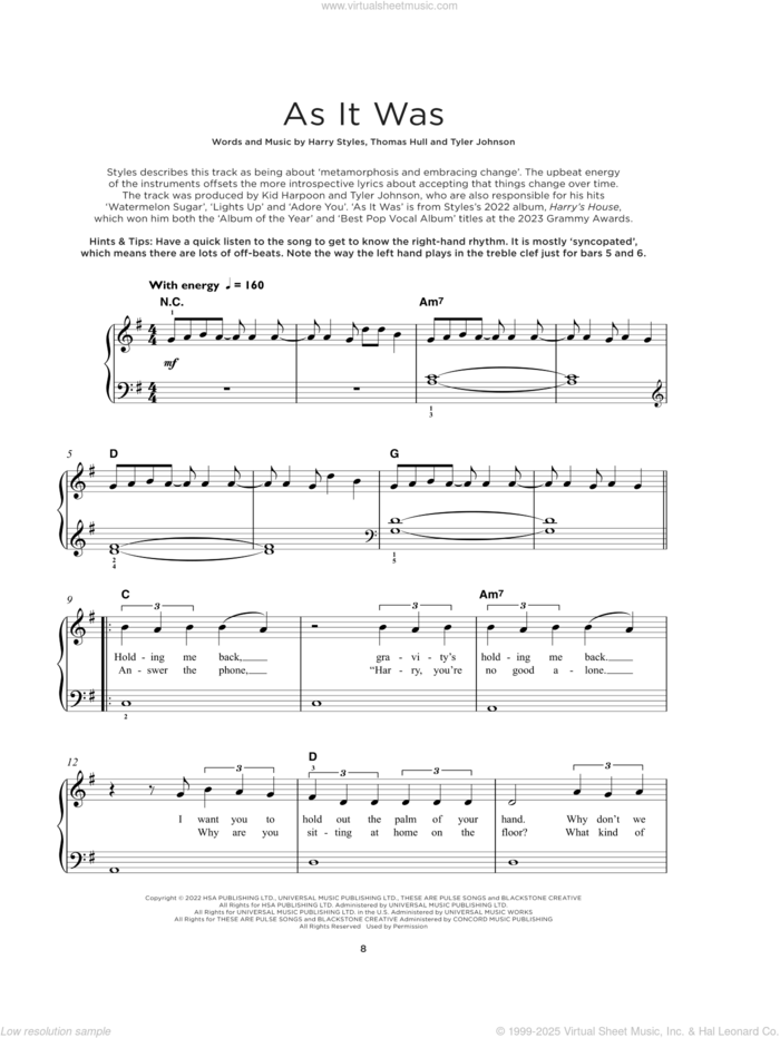 As It Was, (beginner) sheet music for piano solo by Harry Styles, Tom Hull and Tyler Johnson, beginner skill level