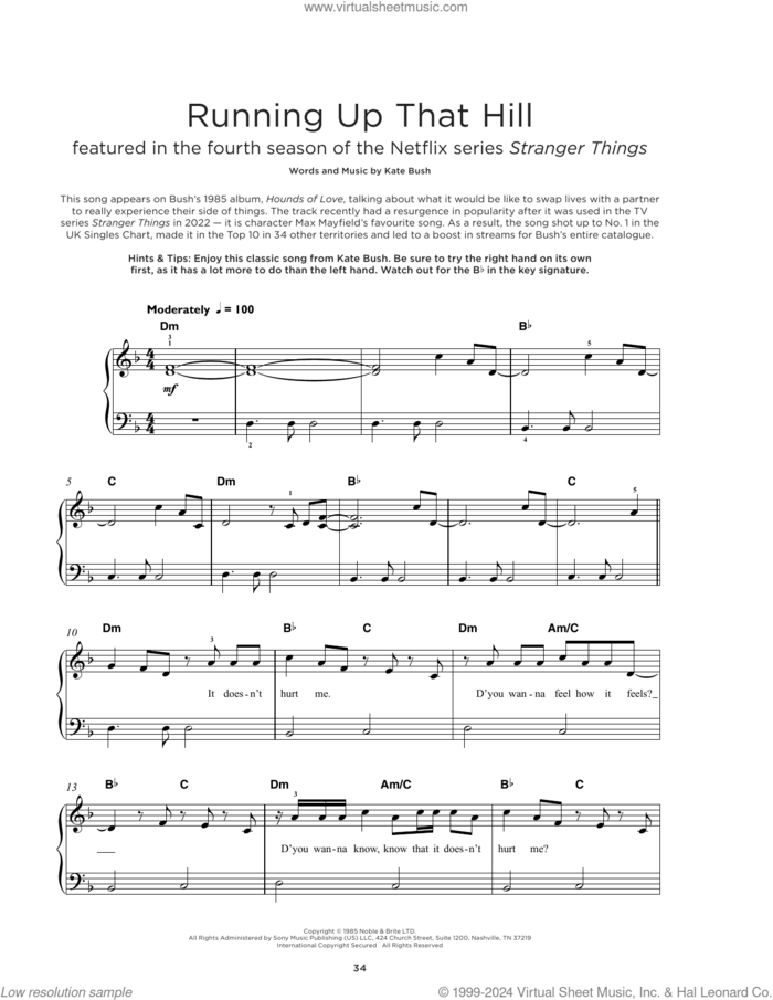 Running Up That Hill, (beginner) sheet music for piano solo by Kate Bush, beginner skill level