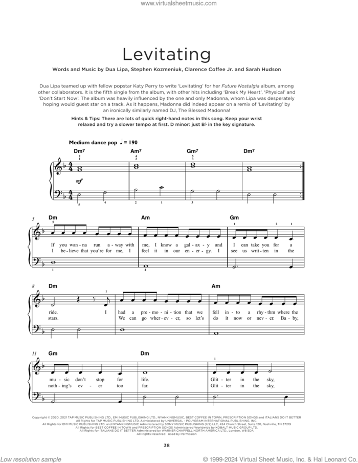 Levitating, (beginner) sheet music for piano solo by Dua Lipa, Clarence Coffee Jr., Sarah Hudson and Stephen Kozmeniuk, beginner skill level
