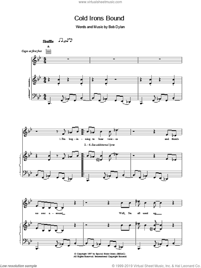 Cold Irons Bound sheet music for voice, piano or guitar by Bob Dylan, intermediate skill level