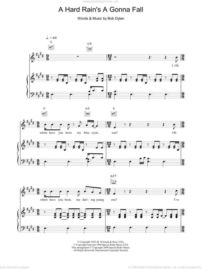 A Hard Rain's Gonna Fall sheet music for voice, piano or guitar by Bob Dylan, intermediate skill level