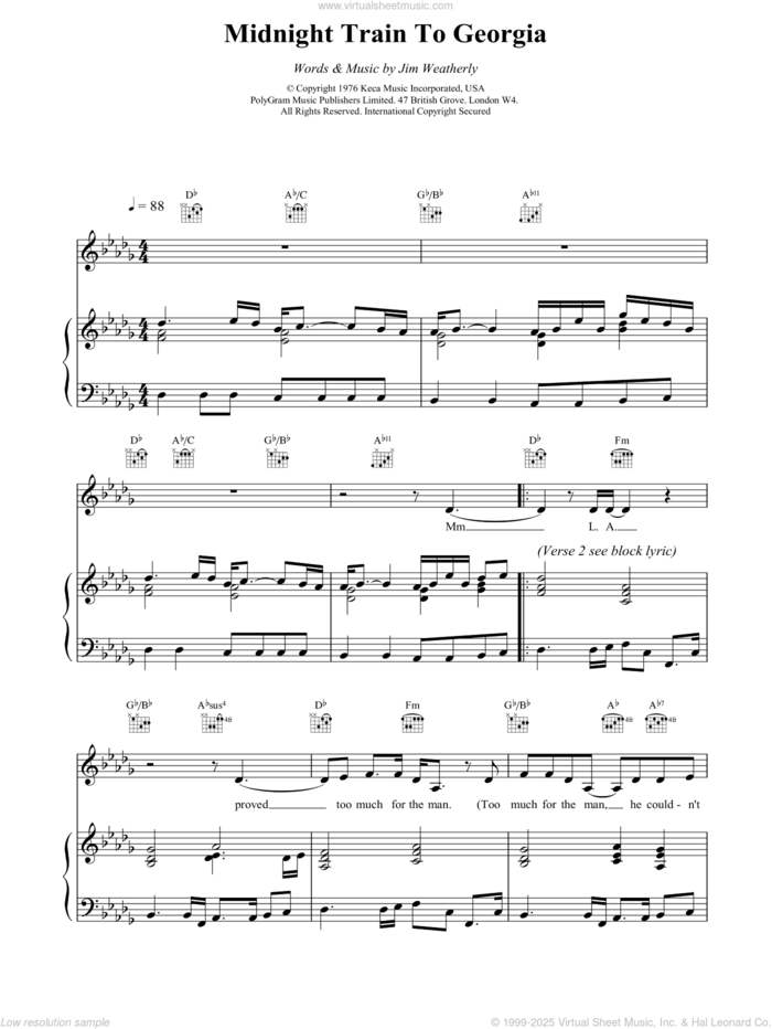 Midnight Train to Georgia sheet music for voice, piano or guitar by Gladys Knight and Jim Weatherly, intermediate skill level