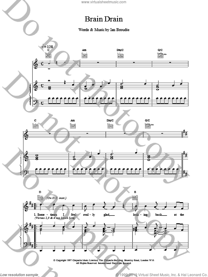 Brain Drain sheet music for voice, piano or guitar by The Lightning Seeds and Ian Broudie, intermediate skill level
