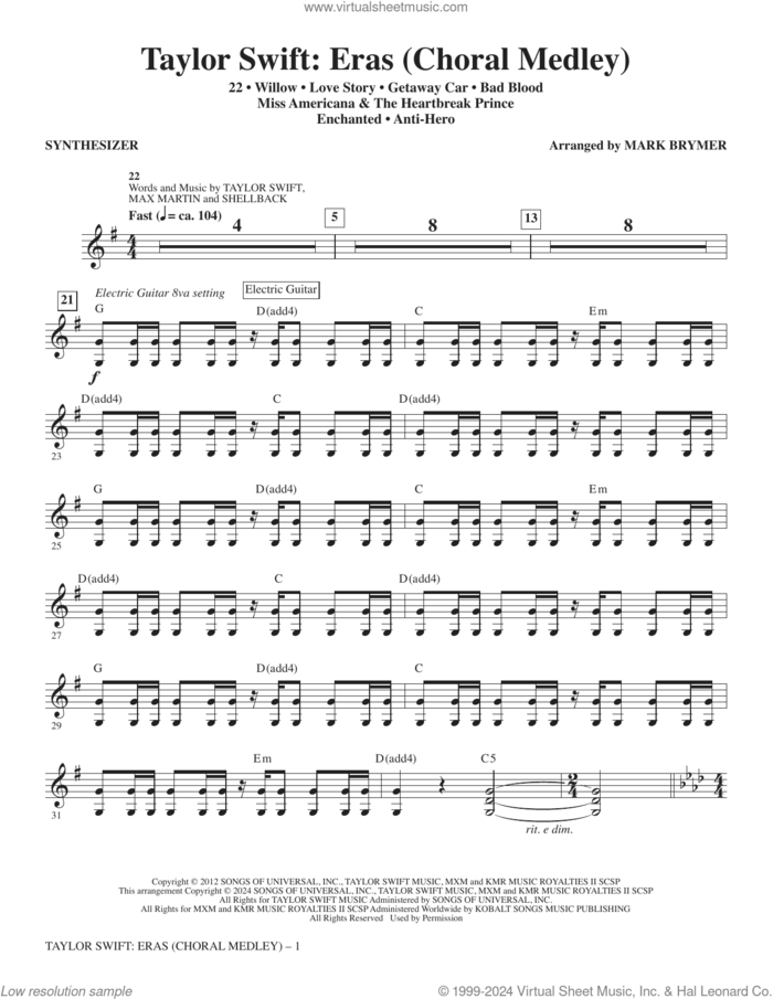 Taylor Swift: Eras (Choral Medley) (arr. Mark Brymer) (complete set of parts) sheet music for orchestra/band (Rhythm) by Taylor Swift, Aaron Dessner, Jack Antonoff, Joel Little, Mark Brymer, Max Martin and Shellback, intermediate skill level