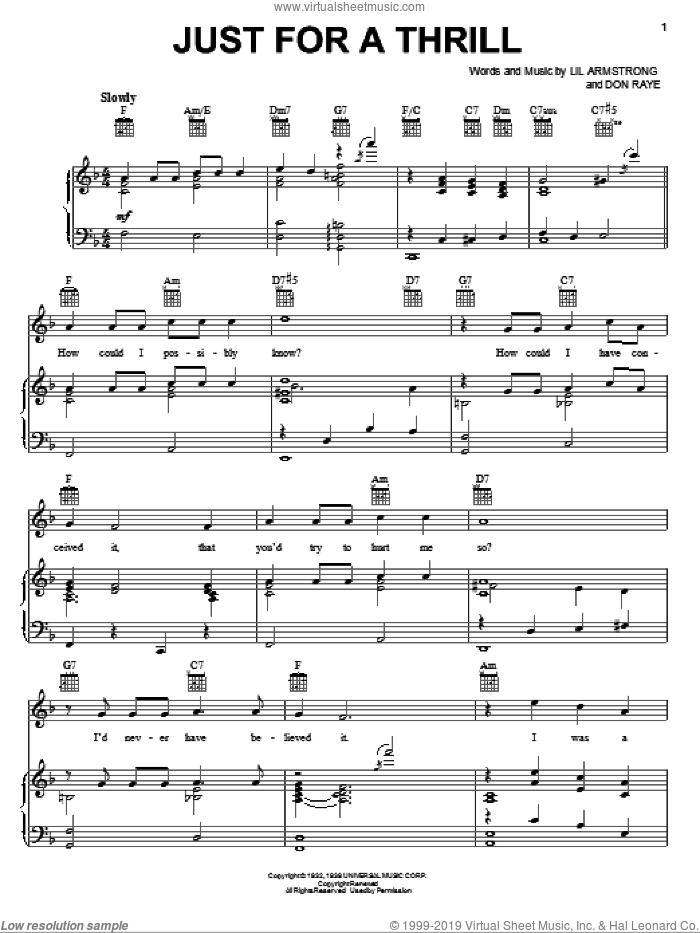 Just For A Thrill sheet music for voice, piano or guitar by Don Raye and Lillian Hardin Armstrong, intermediate skill level