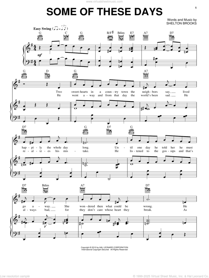 Some Of These Days sheet music for voice, piano or guitar by Sophie Tucker and Shelton Brooks, intermediate skill level