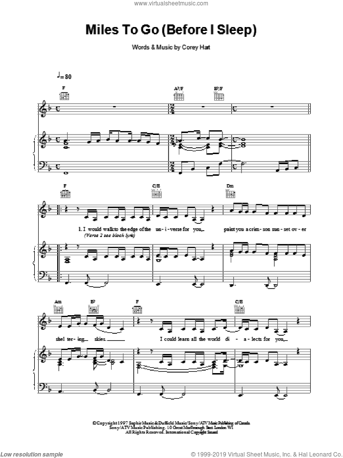 Miles To Go Before I Sleep sheet music for voice, piano or guitar by Celine Dion and Corey Hart, intermediate skill level