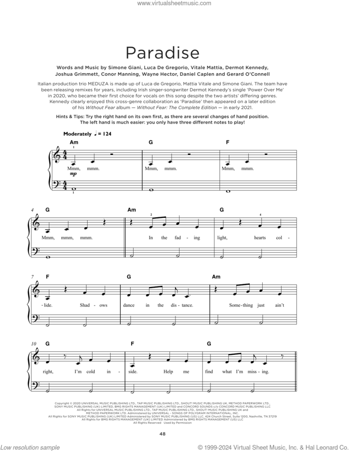 Paradise (feat. Dermot Kennedy) sheet music for piano solo by MEDUZA, Dermot Kennedy, Luca De Gregorio, Mattia Vitale, Simone Giani and Wayne Hector, beginner skill level