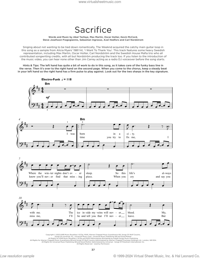 Sacrifice sheet music for piano solo by The Weeknd, Abel Tesfaye, Axel Hedfors, Carl Nordstrom, Kevin McCord, Max Martin, Oscar Holter, Sebastian Ingrosso and Steve Josefsson Fragogiannis, beginner skill level