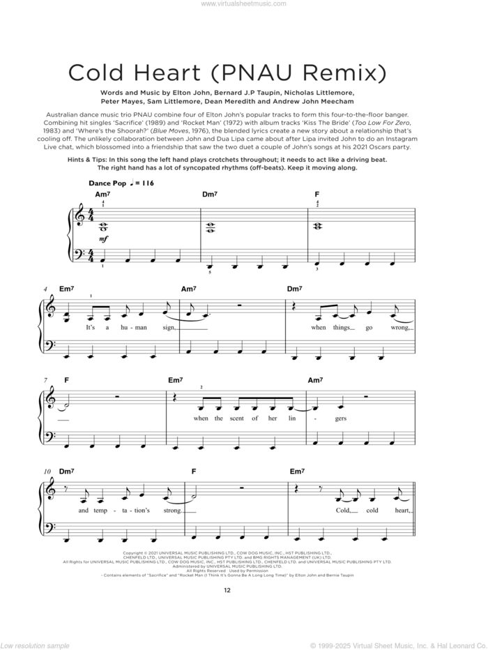 Cold Heart (PNAU Remix), (beginner) sheet music for piano solo by Elton John & Dua Lipa, Andrew John Meecham, Bernie Taupin, Dean Meredith, Elton John, Nicholas Littlemore, Peter Mayes and Sam Littlemore, beginner skill level