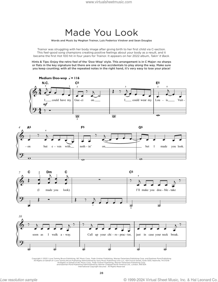 Made You Look, (beginner) sheet music for piano solo by Meghan Trainor, Luis Federico Vindver and Sean Douglas, beginner skill level