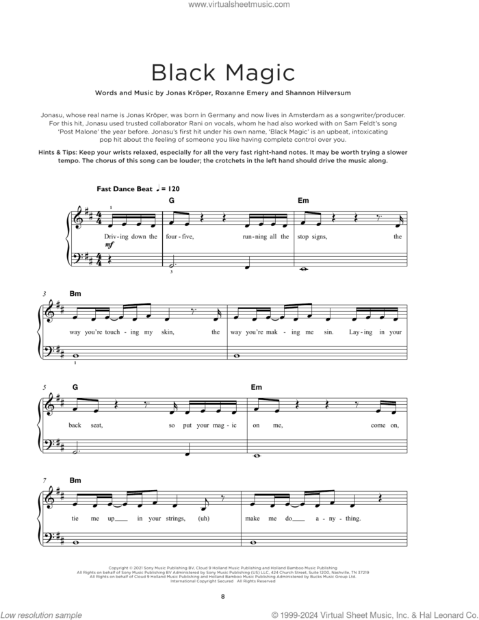 Black Magic sheet music for piano solo by Jonasu, Jonas Kroeper, Roxanne Emery and Shannon Hilversum, beginner skill level
