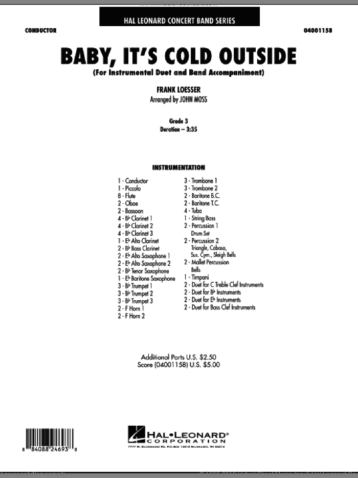 Baby, It's Cold Outside (COMPLETE) sheet music for concert band by Frank Loesser and John Moss, intermediate skill level