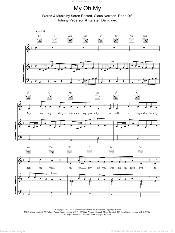 My Oh My sheet music for voice, piano or guitar by Aqua, DIF, NORREEN and Soren Rasted, intermediate skill level