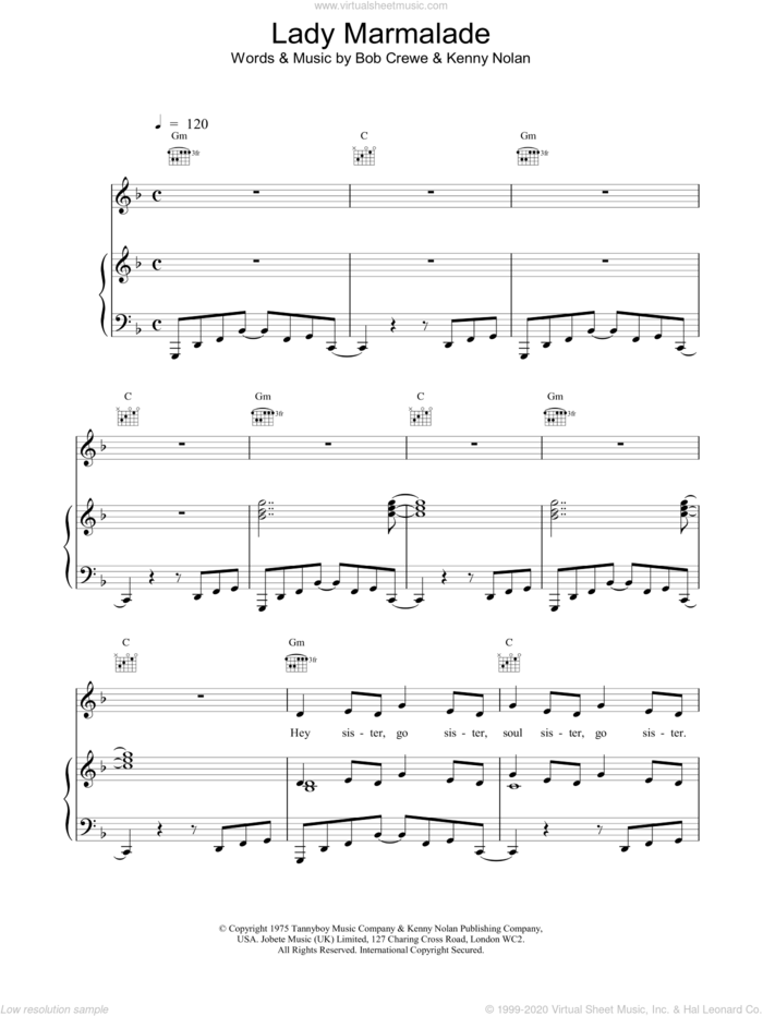Lady Marmalade sheet music for voice, piano or guitar by All Saints, Christina Aguilera, Patti LaBelle and Bob Crewe, intermediate skill level