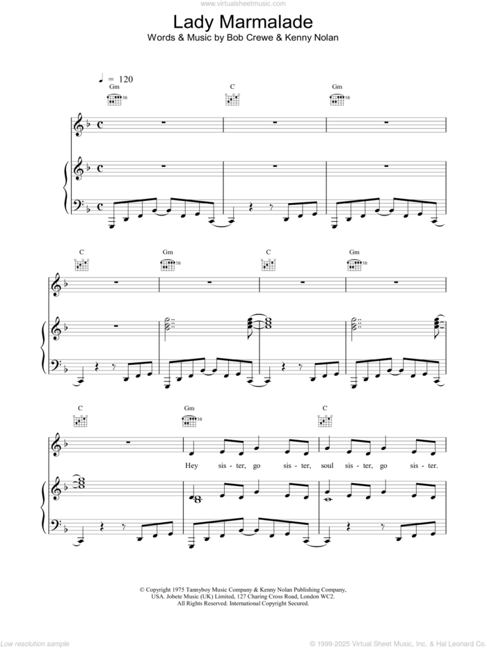 Lady Marmalade sheet music for voice, piano or guitar by All Saints, Christina Aguilera, Fantasia Barrino, Patti LaBelle and Bob Crewe, intermediate skill level