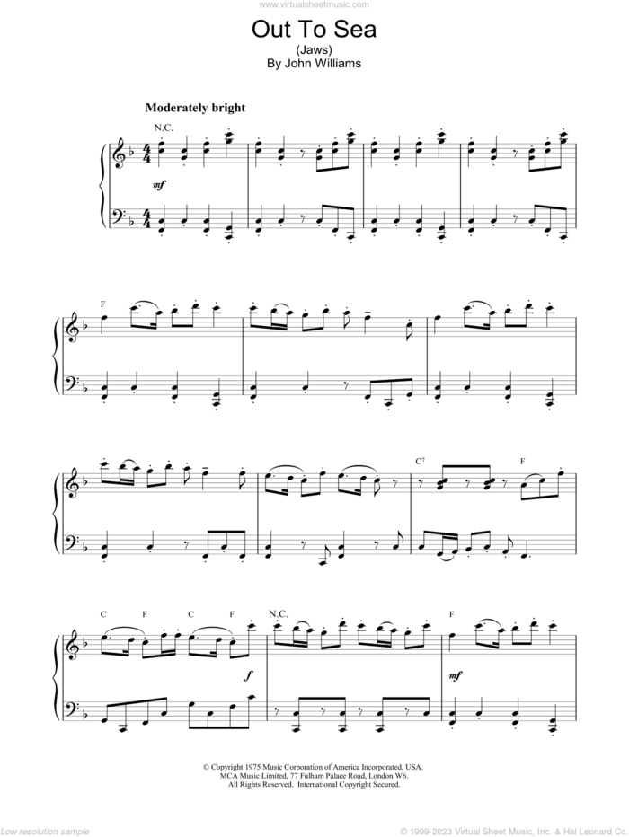 Out To Sea - From Jaws sheet music for piano solo by John Williams, intermediate skill level