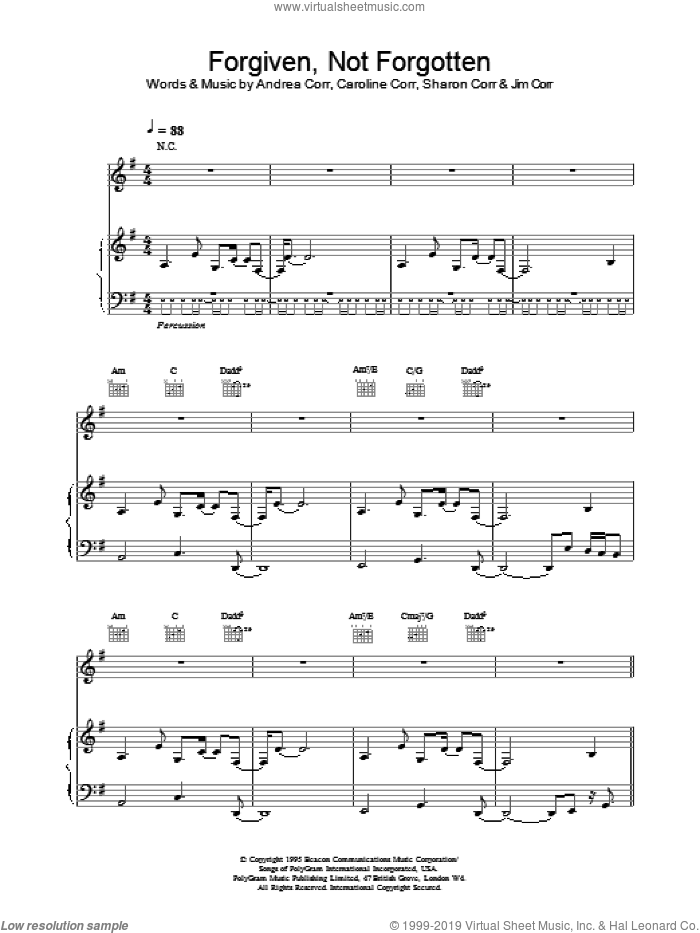 Forgiven, Not Forgotten sheet music for voice, piano or guitar by The Corrs, LEIBER and Miscellaneous, intermediate skill level