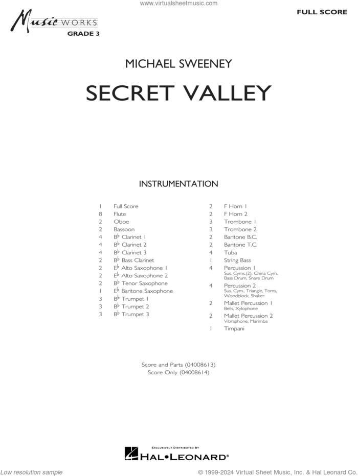 Secret Valley (COMPLETE) sheet music for concert band by Michael Sweeney, intermediate skill level