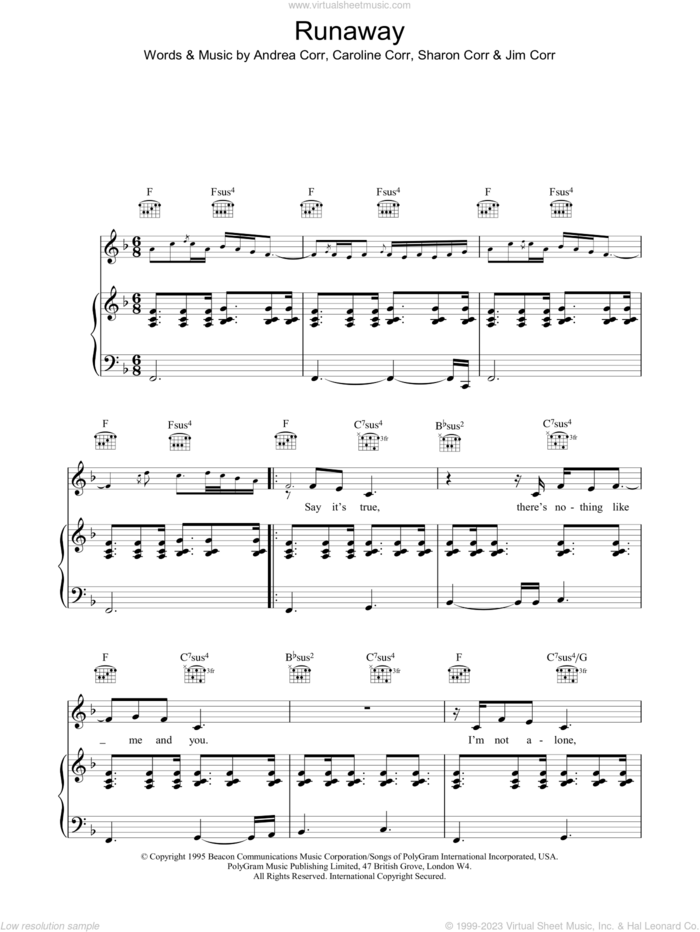 Runaway sheet music for voice, piano or guitar by The Corrs, intermediate skill level