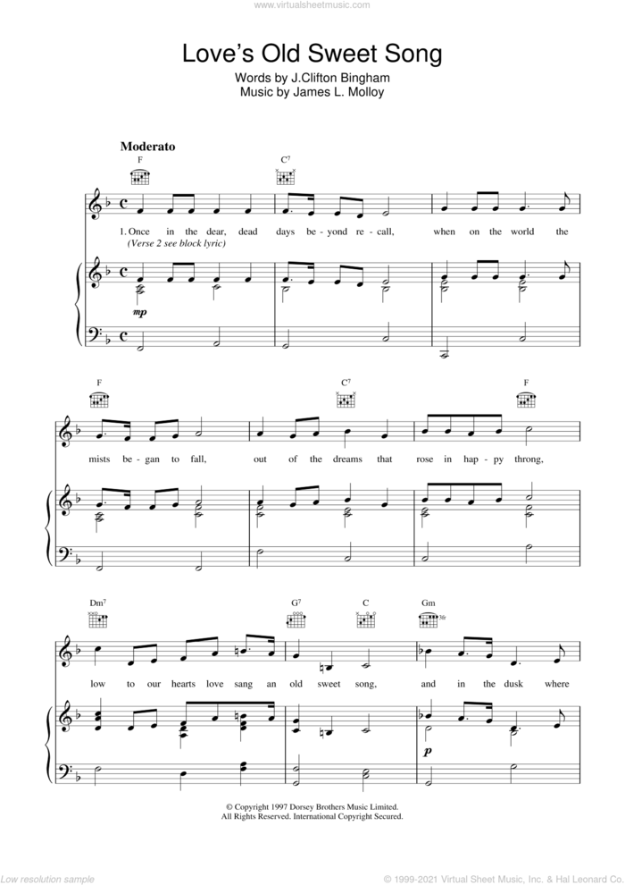 Love's Old Sweet Song sheet music for voice, piano or guitar by James Molloy, J.Clifton Bingham, BINGHAM, J. Clifton Bingham and James L. Molloy, intermediate skill level