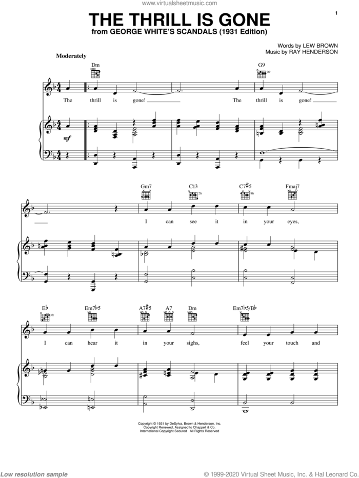 The Thrill Is Gone sheet music for voice, piano or guitar by Lew Brown and Ray Henderson, intermediate skill level