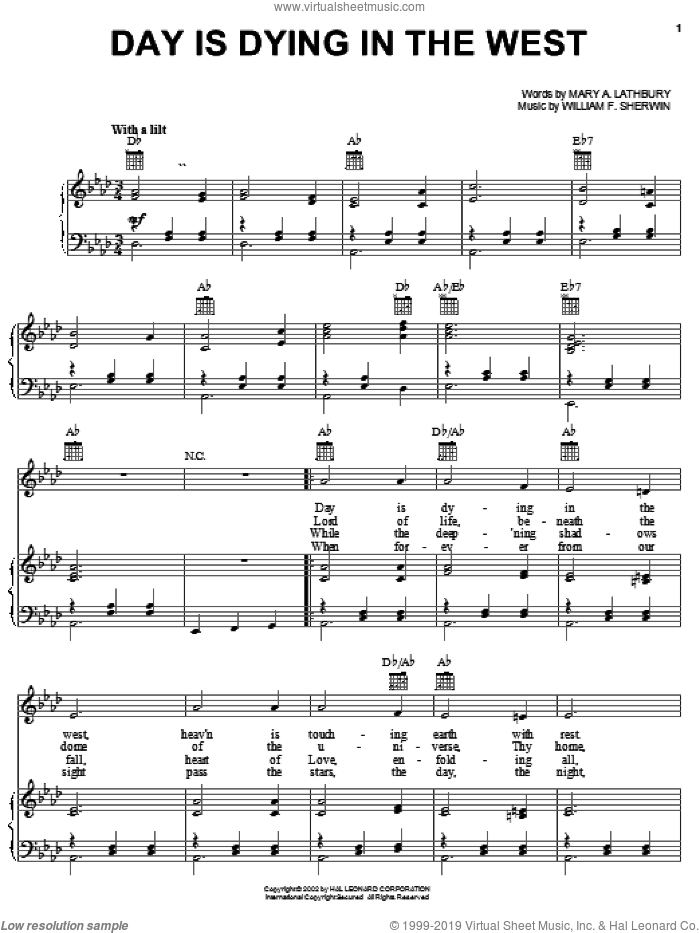 Day Is Dying In The West sheet music for voice, piano or guitar by Mary Artemesia Lathbury and William Sherwin, intermediate skill level