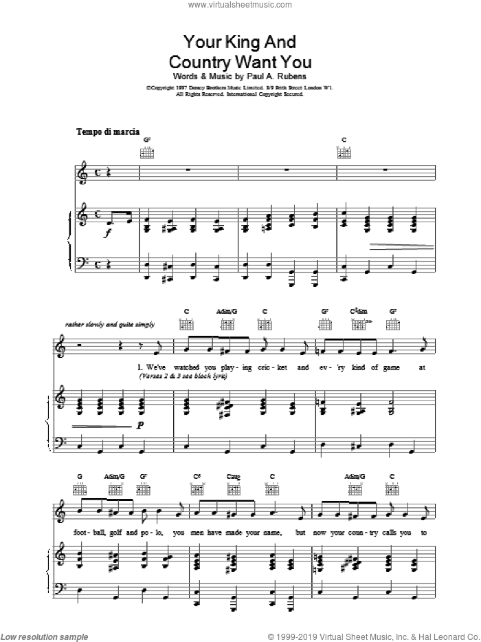 Your King And Country Want You sheet music for voice, piano or guitar  and Paul A. Rubens, intermediate skill level
