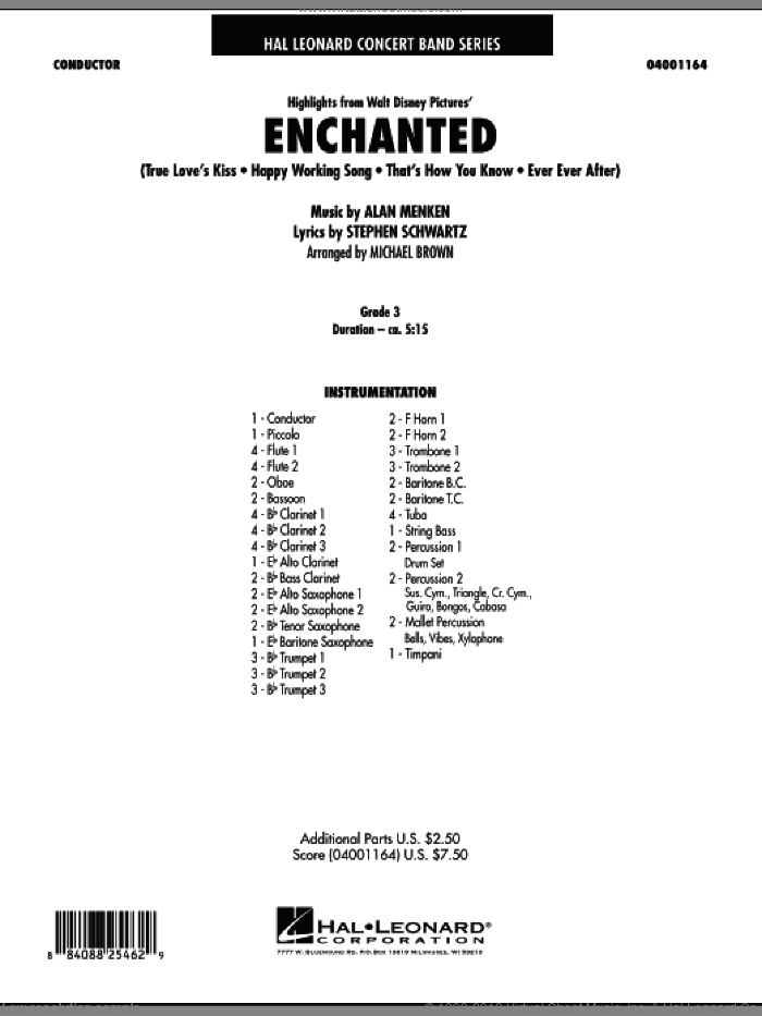 Highlights from Enchanted (COMPLETE) sheet music for concert band by Alan Menken, Michael Brown and Stephen Schwartz, intermediate skill level