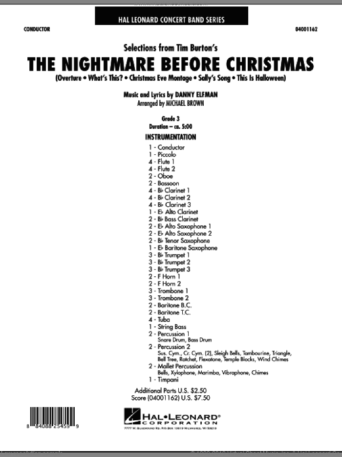 Selections from The Nightmare Before Christmas (COMPLETE) sheet music for concert band by Michael Brown and Danny Elfman, intermediate skill level