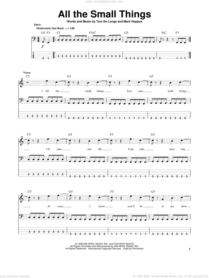 All The Small Things sheet music for bass (tablature) (bass guitar) by Blink-182, Mark Hoppus and Tom DeLonge, intermediate skill level