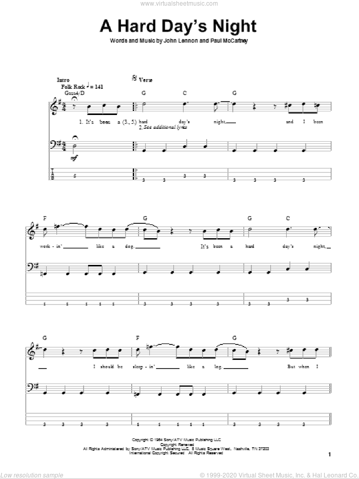 A Hard Day's Night sheet music for bass (tablature) (bass guitar) by The Beatles, John Lennon and Paul McCartney, intermediate skill level