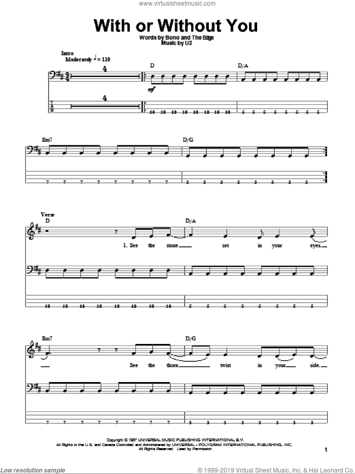 With Or Without You sheet music for bass (tablature) (bass guitar) by U2, Bono and The Edge, intermediate skill level