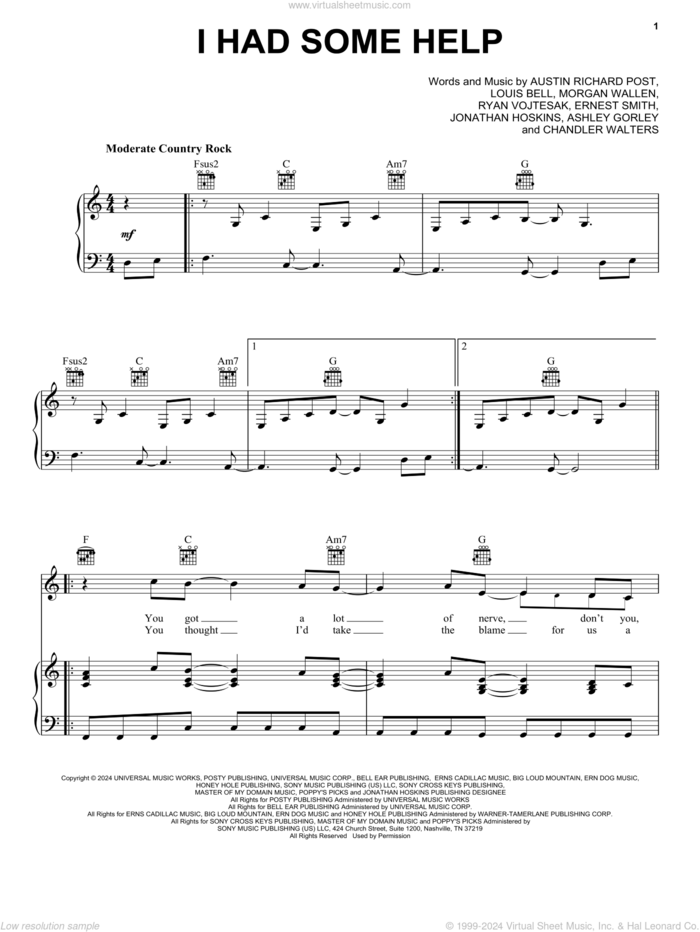 I Had Some Help (feat. Morgan Wallen) sheet music for voice, piano or guitar by Post Malone, Ashley Glenn Gorley, Austin Richard Post, Chandler Walters, Ernest Smith, Jonathan Hoskins, Louis Bell, Morgan Wallen and Ryan Vojtesak, intermediate skill level