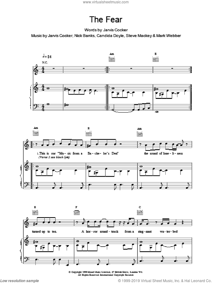 The Fear sheet music for voice, piano or guitar by Pulp and Jarvis Cocker, intermediate skill level
