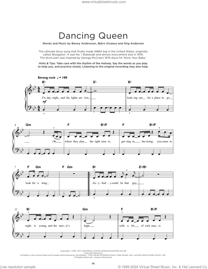 Dancing Queen sheet music for piano solo by ABBA, Benny Andersson, Bjorn Ulvaeus and Stig Anderson, beginner skill level