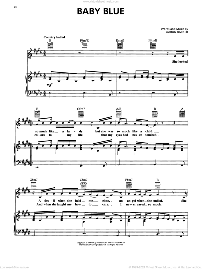 Baby Blue sheet music for voice, piano or guitar by George Strait and Aaron Barker, intermediate skill level