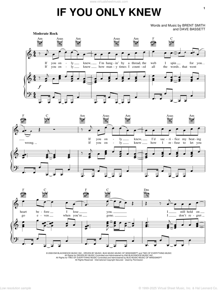 If You Only Knew sheet music for voice, piano or guitar by Shinedown, Brent Smith and Dave Bassett, intermediate skill level