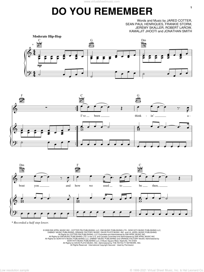 Do You Remember sheet music for voice, piano or guitar by Jay Sean, Frankie Storm, Jared Cotter, Jeremy Skaller, Jonathan Smith, Kamaljit Jhooti, Robert Lawrow and Sean Paul Henriques, intermediate skill level
