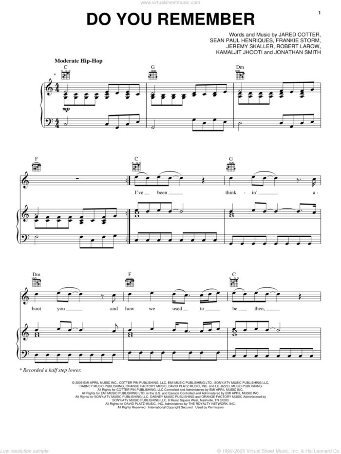 Do You Remember sheet music for voice, piano or guitar by Jay Sean, Frankie Storm, Jared Cotter, Jeremy Skaller, Jonathan Smith, Kamaljit Jhooti, Robert Lawrow and Sean Paul Henriques, intermediate skill level