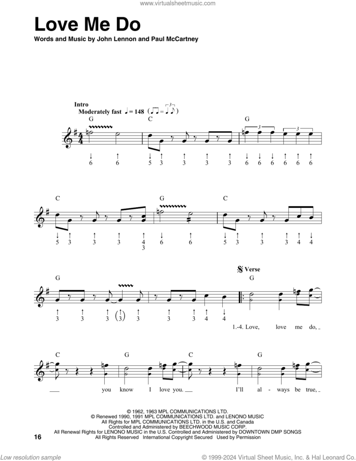 Love Me Do sheet music for harmonica solo by The Beatles, John Lennon and Paul McCartney, intermediate skill level