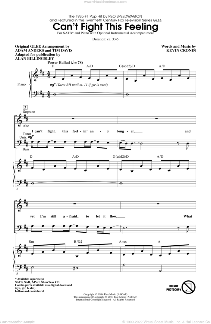 Can't Fight This Feeling (from Glee) (adapt. Alan Billingsley) sheet music for choir (SATB: soprano, alto, tenor, bass) by Alan Billingsley, Kevin Cronin, Adam Anders, Glee Cast, Miscellaneous, REO Speedwagon and Tim Davis, intermediate skill level