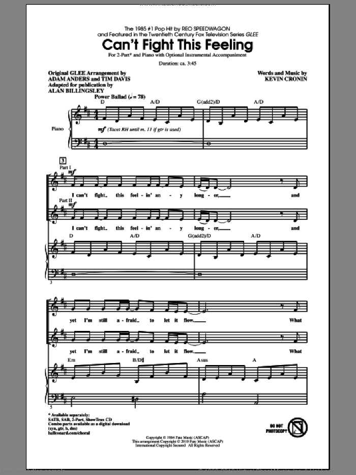 Can't Fight This Feeling (from Glee) (adapt. Alan Billingsley) sheet music for choir (2-Part) by Alan Billingsley, Kevin Cronin, Adam Anders, Glee Cast, Miscellaneous, REO Speedwagon and Tim Davis, intermediate duet